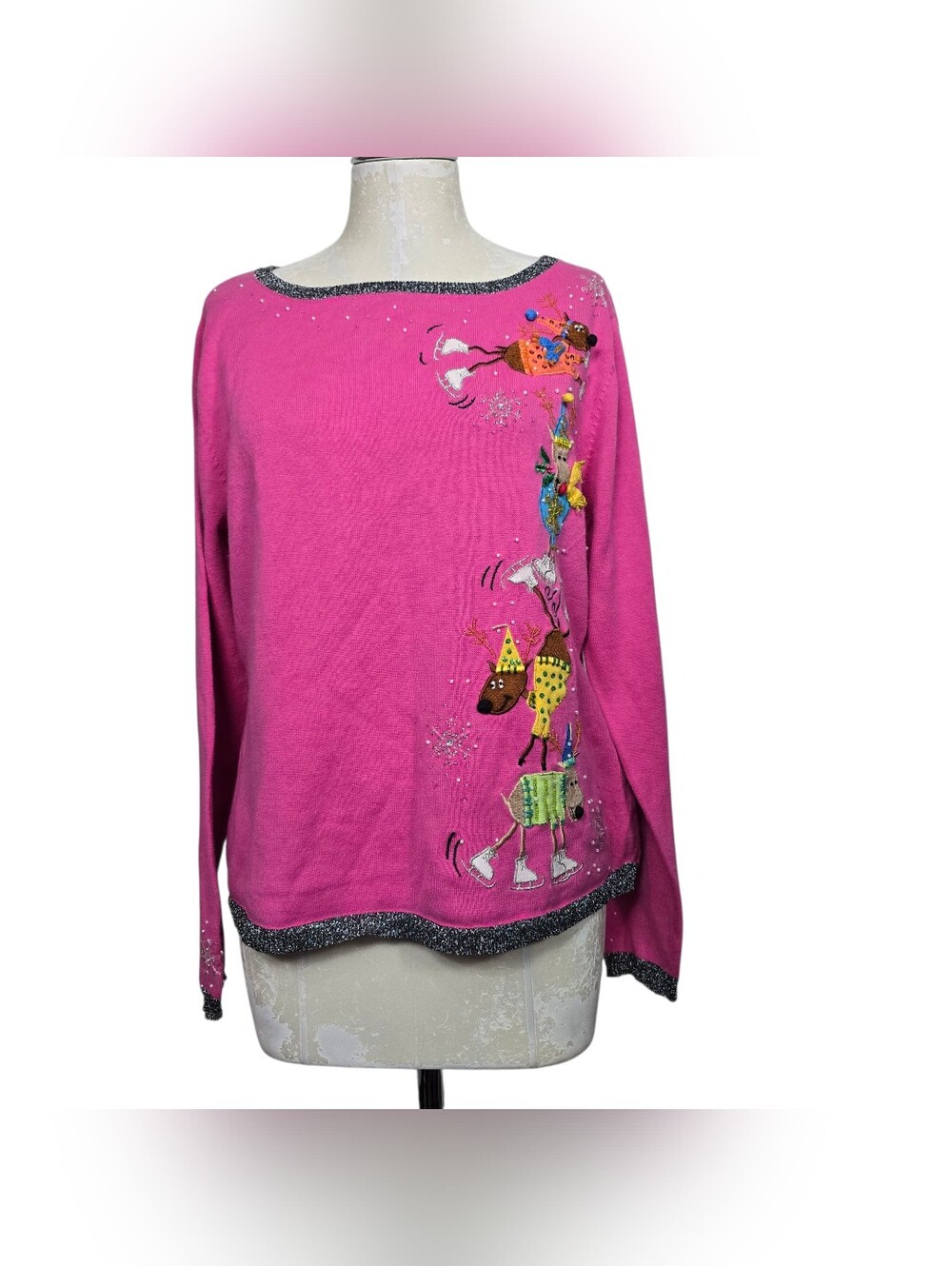 Berek Vintage Christmas Sweater Womens Medium Pink Ice Skating Reindeer Beaded
